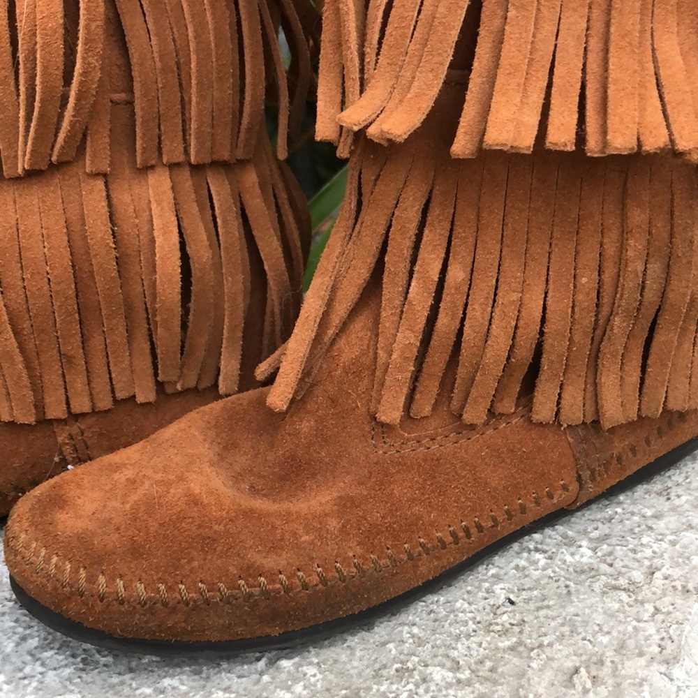Minnetonka Three Layer Fringe Boot Style Moccasin… - image 3